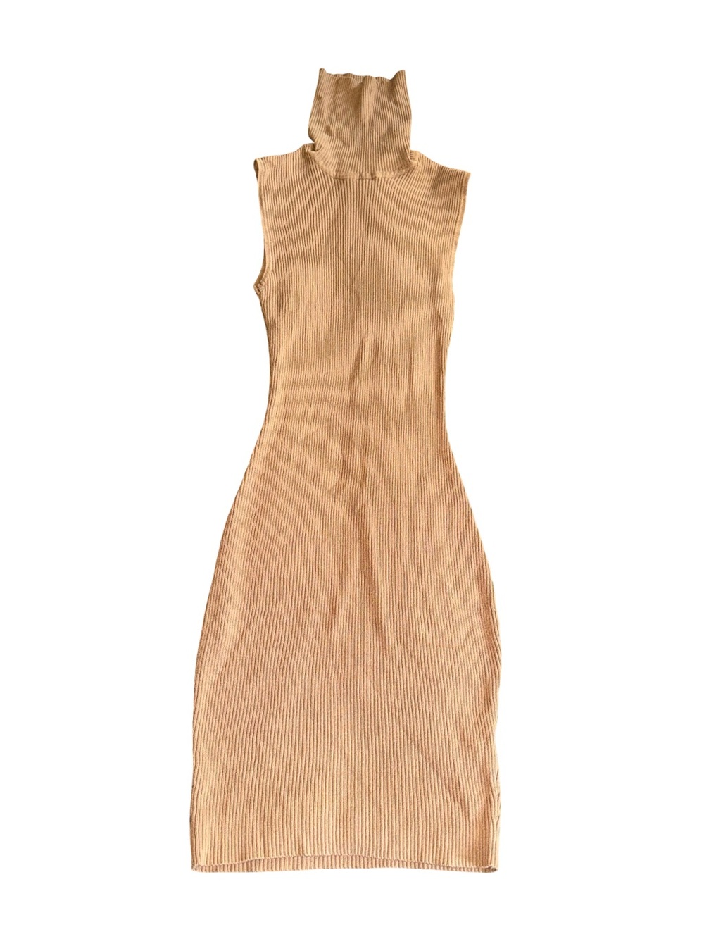 PrettyLittleThing Sleeveless Turtleneck Ribbed Maxi Dress in Beige